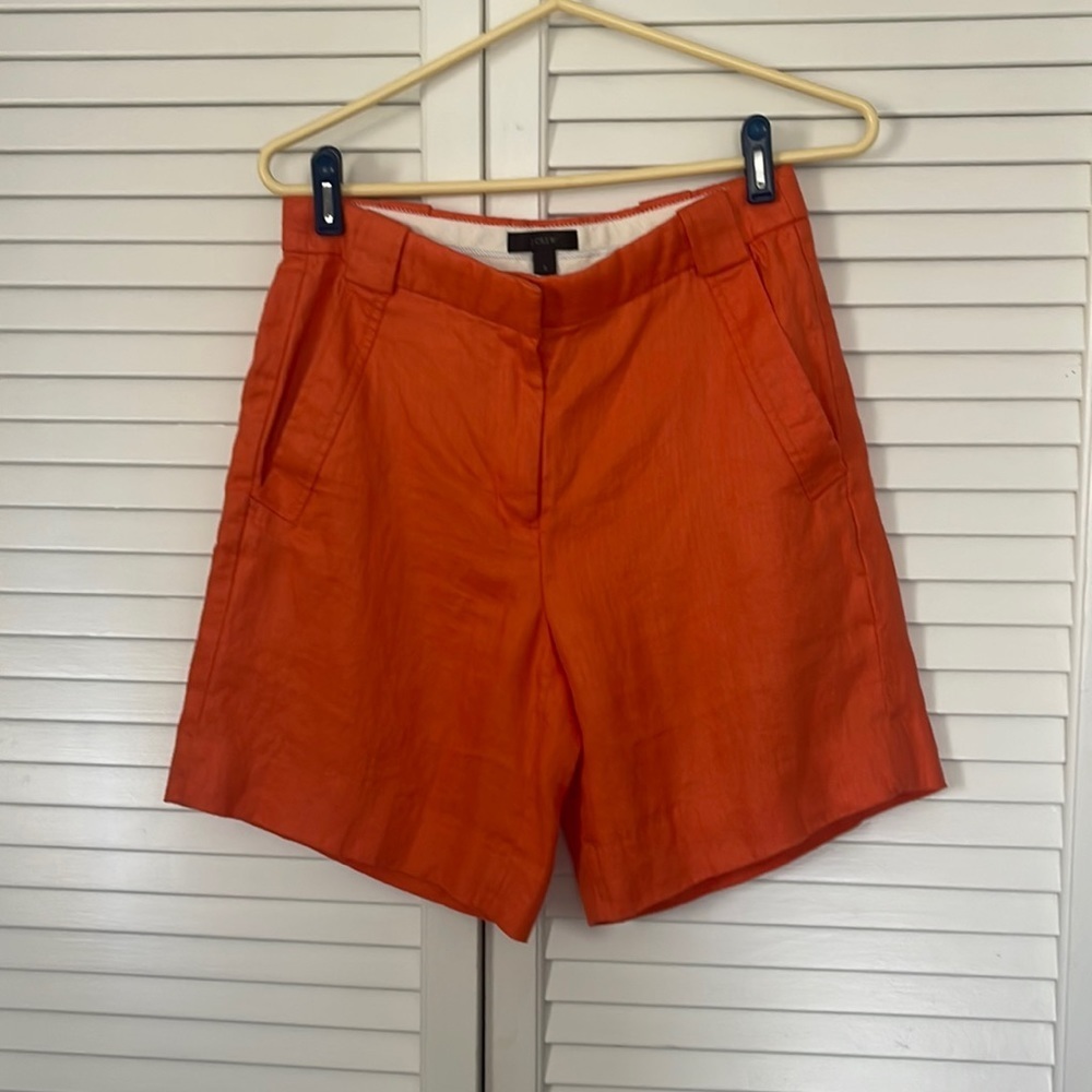 J Crew 100% Linen High waisted  Bright Orange Shorts size 2
